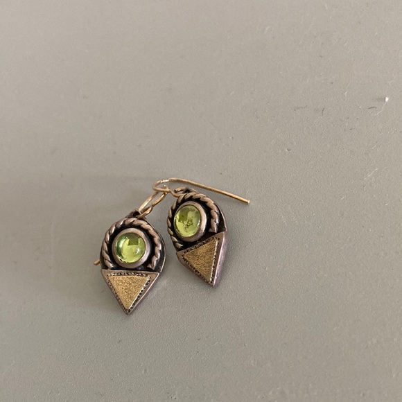 Silver and gold Artisan Handmade Earrings with Green Stone boho vibes - Picture 3 of 6